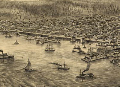 A.L. Bancroft & Co. map of Seattle showing the waterfront with Lake Washington and Lake Union in the distance. In the center, the Seattle Coal & Transportation train can be seen coming through the forested area between Lake Union and the town. <br>
Courtesy Library of Congress, Geography and Map Division.