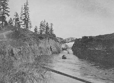 Looking east toward logs in the Montlake Ditch, 1902. A current created by the approximately nine-foot drop between Lake Washington and Lake Union carried logs to Lake Union. Boats then towed the logs to sawmills on the lakeshore. Courtesy of the University of Washington Special Collections, UW 22087