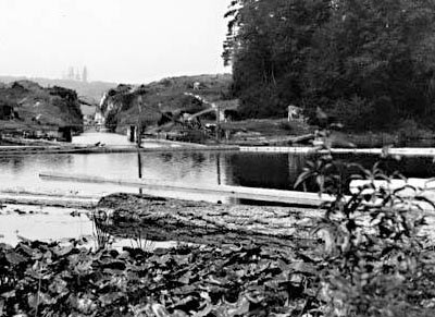 The Montlake Ditch, built by the Lake Washington Improvement Company in 1885, allowed logs to pass between the lakes. A small wooden dam maintained the level of Lake Washington at nine feet about Lake Union. Photo by Asahel Curtis, ca. 1901. Courtesy UW Special Collections, A. Curtis 01743.