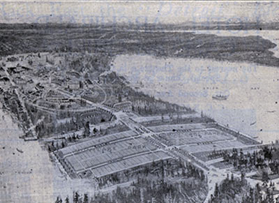 Advertisement for Montlake Park Addition, 1909, nestled between the Canal Reserve and the planned Lake Washington Ship Canal. The University Extension of Lake Washington Boulevard (later Montlake Boulevard), designed by John Charles Olmsted, crossed the subdivision and ended at the south entrance to the Alaska-Yukon-Pacific Exposition on the University of Washington campus. The boulevard also provided a route for the new streetcar lines that connected the area to downtown. From 1909 Moore Theater program, UW, Digital ID Number ADV0232