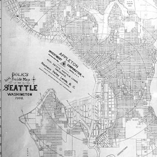 R. L. Polk and Company map of subdivisions platted in Seattle by 1908. The map also shows planned development for the Seattle shorelines and the original, meandering channel of the Duwamish River. Courtesy of the Frances Loeb Library, Graduate School of Design, Harvard University. 